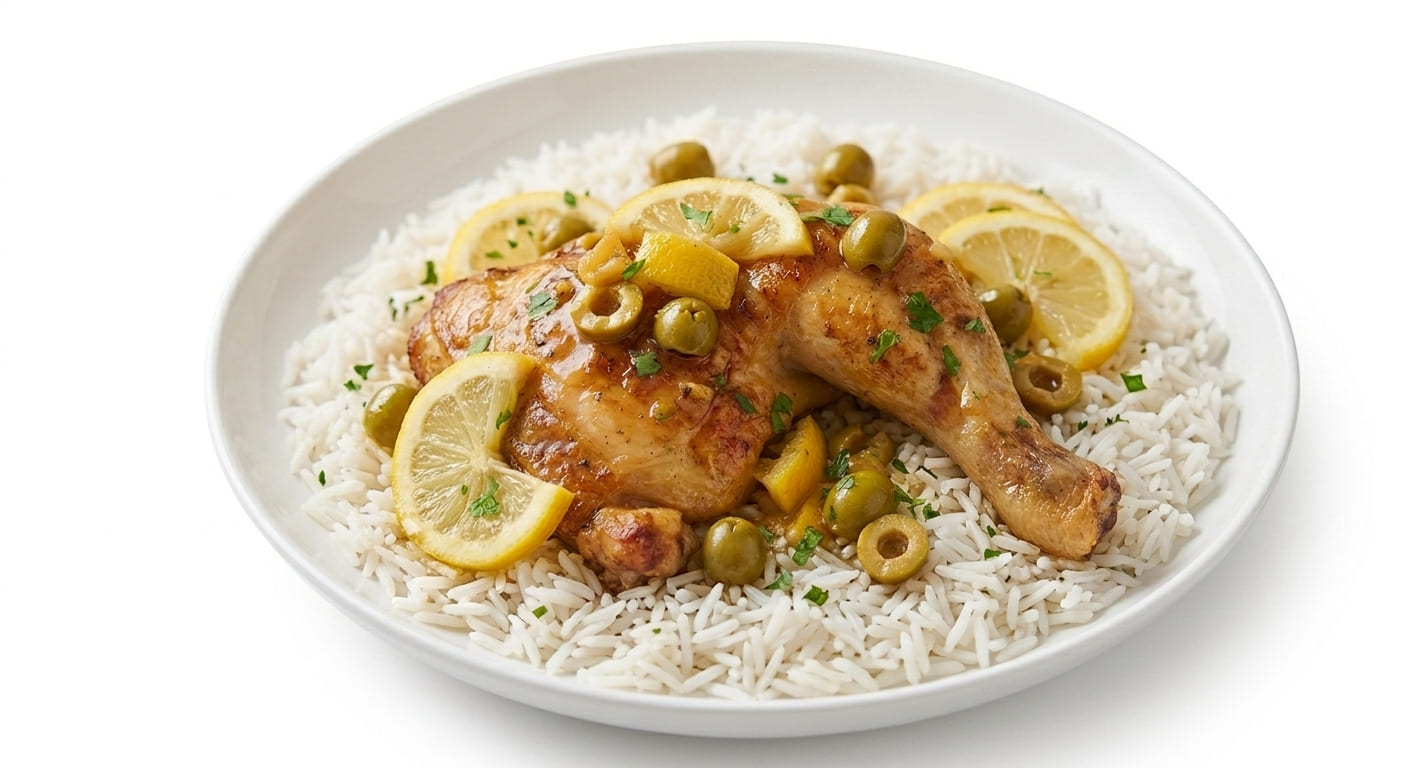 Quart de poulet rôti sauce citron-olives — avec du riz